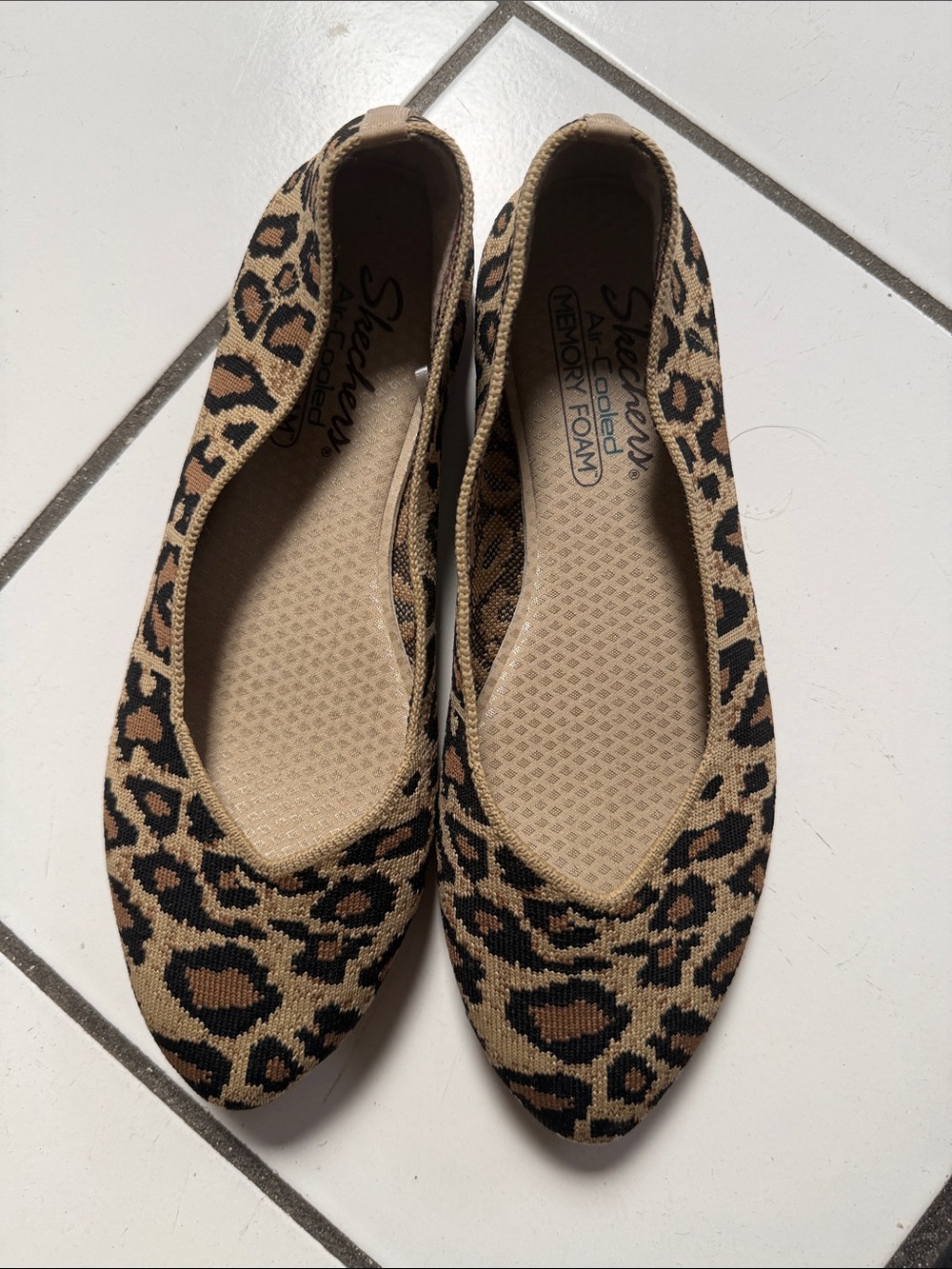 Skechers Women's Leopard-Print Slip-On Ballet Flats in Tan and Black